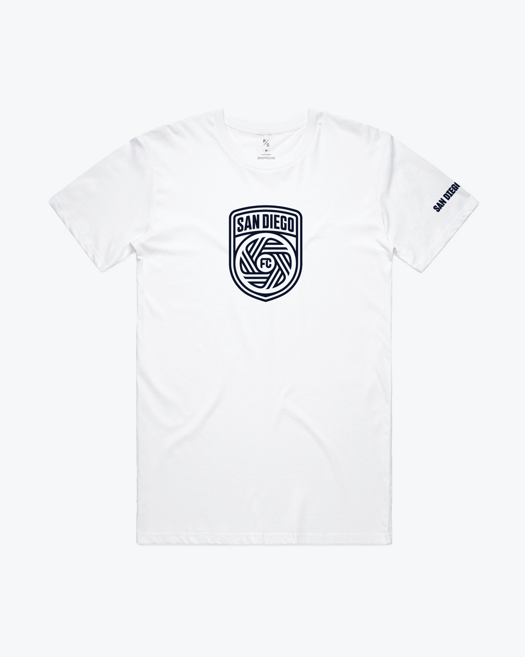 White Tee w/ Crest and SD on the back in Azul